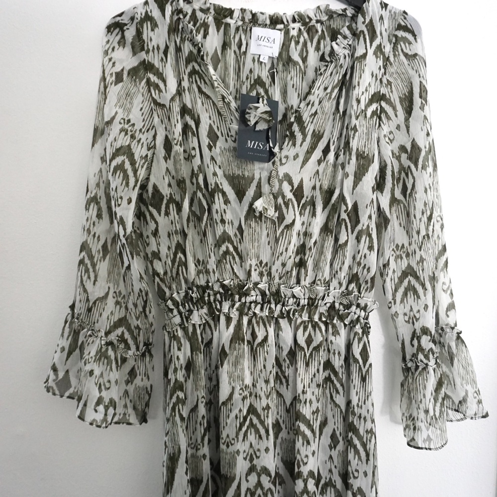 MISA Mercy Printed Green Chiffon Flow Ruffle Maxi Dress NWT Size L